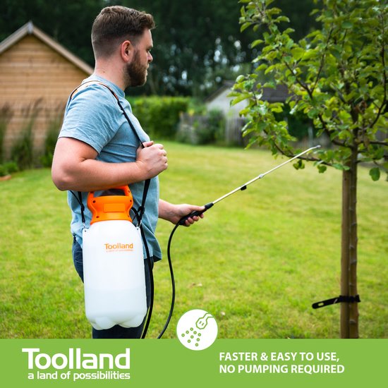 Toolland Drucksprüher, elektrisch, Akku, Teleskoplanze, verstellbarer Sprühkopf, Schultergurt, 8 Liter, weiß/orange/schwarz