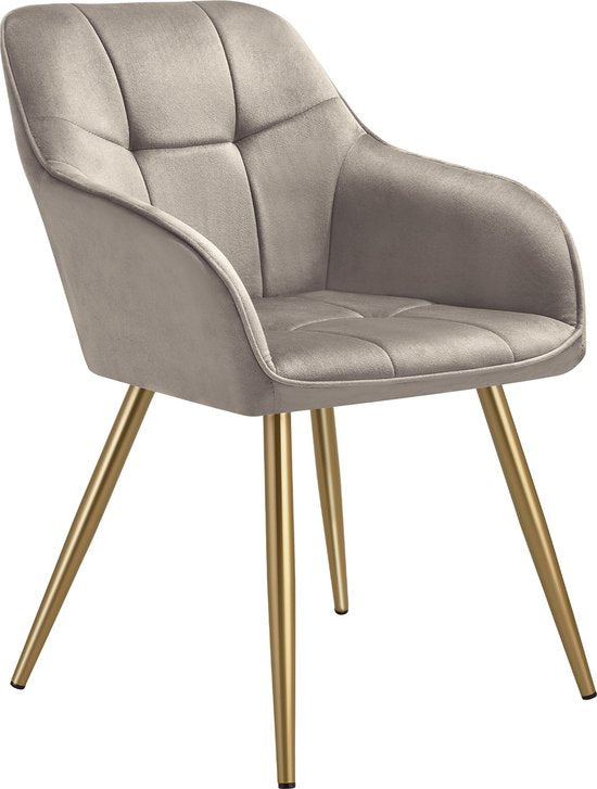tectake Velvet Chair - Esszimmerstuhl mit gestepptem Samtstoff, moderne Küchenstühle, bequemer Sessel für Wohnzimmer, Esszimmer, Lounge - taupe / gold