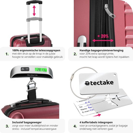tectake - 4-teiliges Hartschalenkofferset - Reisekofferset mit Rollen - ABS - Teleskopgriff und Schloss - Inklusive Gepäckwaage - Trolleygrößen S-M-L-XL - Rot
