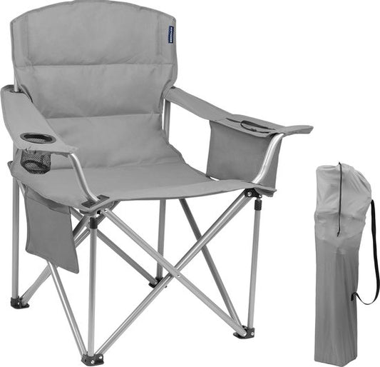 TRVLMORE Campingstuhl - Klappbar - 150 kg Belastbarkeit - Mit Getränkehalter & Kühlfach - Schwarz