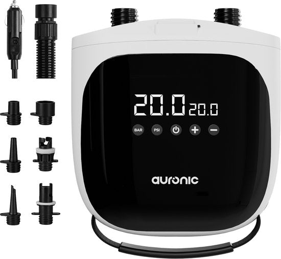 Auronic Elektrische SUP-Pumpe 12 V – 20 PSI – Luftpumpe für SUP-Board, Kajak, Luftmatratze und Zelt – Automatische Druckregelung – Aufpumpen & Ablassen – Weiß