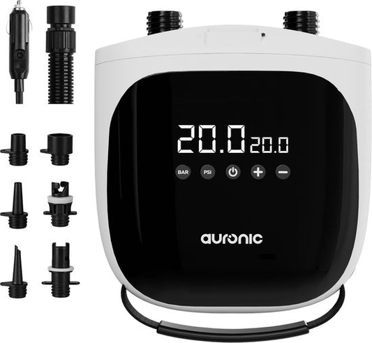 Auronic Elektrische SUP-Pumpe 12 V – 20 PSI – Luftpumpe für SUP-Board, Kajak, Luftmatratze und Zelt – Automatische Druckregelung – Aufpumpen & Ablassen – Weiß