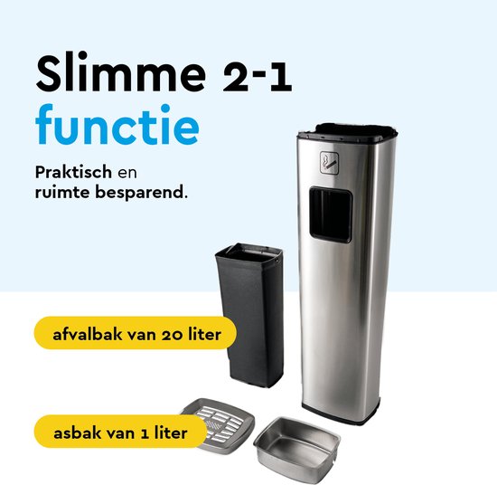 BRASQ Stehender Aschenbecher Edelstahl - Outdoor Aschenbecher mit 20 Liter Abfallbehälter - Raucherstange - Mülleimer mit Aschenbecher