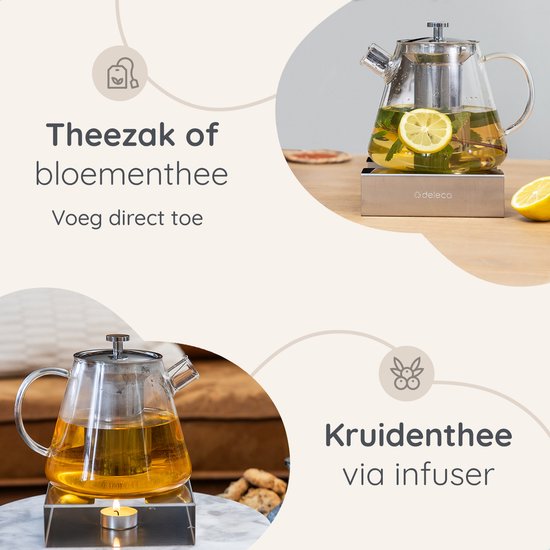 Deleca Glas-Teekannen-Set Klarheit - Mit Edelstahlfilter und Teelichtwärmer - Für losen Tee / Teeblumen - Weihnachtsgeschenk - Borosilikatglas / 1,5L