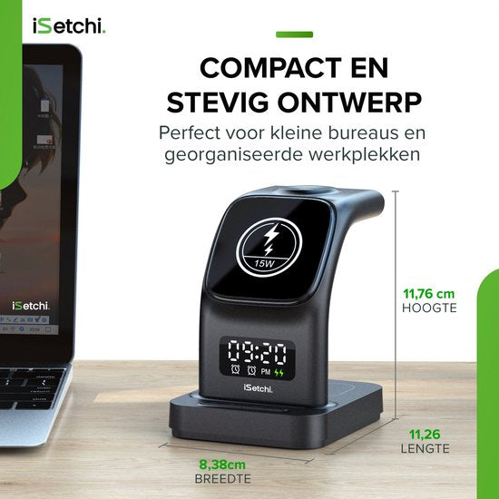 iSetchi MagSafe 5-in-1 Wireless Charger (15W USB-C Schnellladegerät) - Mit LED-Lampe, Digitaluhr & Weckfunktion - Geeignet für iPhone, Apple iWatch & Airpods - Wireless Qi Station - GSM Ladegerät