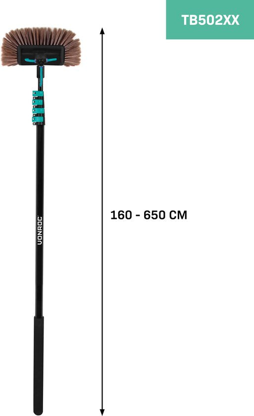 VONROC - Teleskop-Waschbürste - inkl. Bürstenkopf/ Fensterreiniger/ Wasserschlauch & Seifenspender - 6,50m - Schwarz