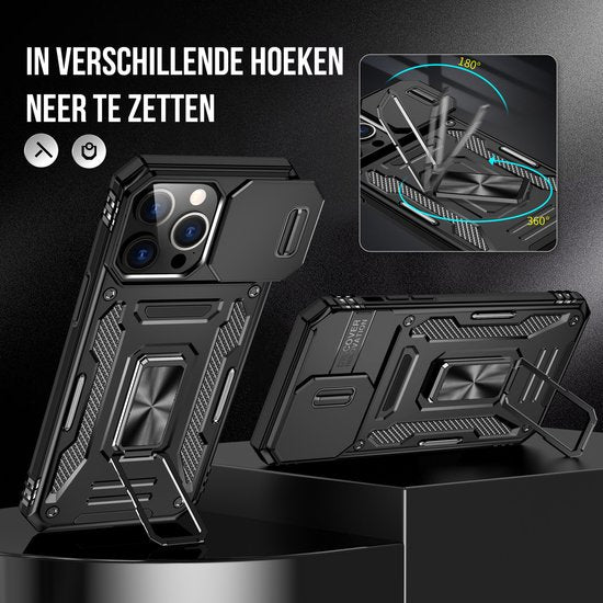 Podec Case passend für iPhone 15 Pro Schwarz Phone Case - Anti-Shock Case Cover Hybrid Armor Case mit Kickstand Ring mit Displayschutzfolie