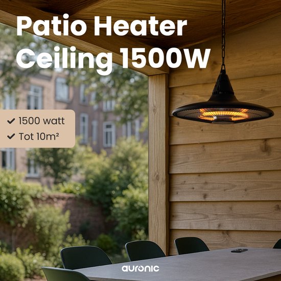 Auronic Terrassenstrahler - Infrarotheizung - hängend - 10m2 - elektrisch - 1500W - Fernbedienung - Schwarz