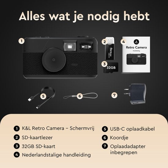 K&L Digitalkamera - Bildschirmlos - Wiederaufladbar - 16.000 Fotos - Fotokamera - Vintage - Inklusive 32GB - Langlebig - Schwarz