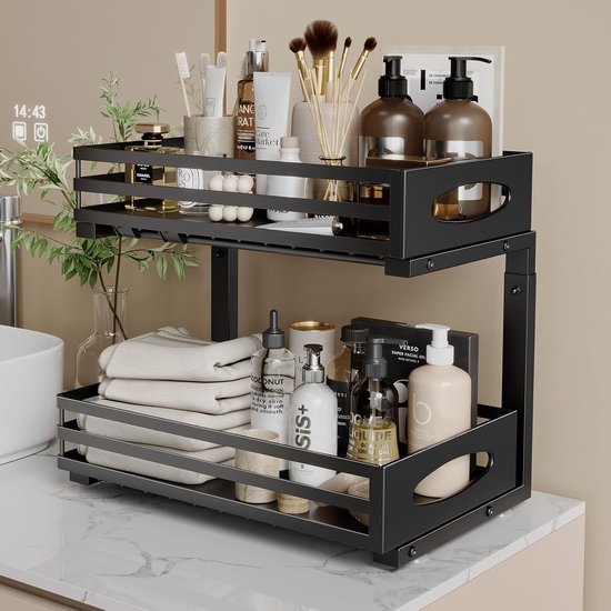 Posity Küchenschrank-Organizer - Spülenschrank-Organizer - Arbeitsplatten-Organizer - Aufbewahrungsregal - Badezimmer-Organizer - Küchenregal - ausziehbar - Metall - Schwarz