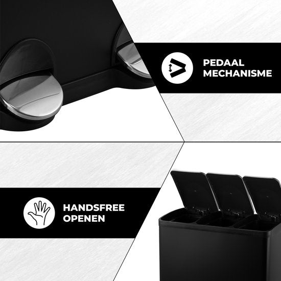 Bayt Mülleimer - Mülleimer 60 Liter - Mülleimer 60 Liter - Treteimer 60 Liter - Mülleimer 3 Fächer - Mülleimer Abfalltrennung - 3x 20 Liter - Edelstahl - Schwarz