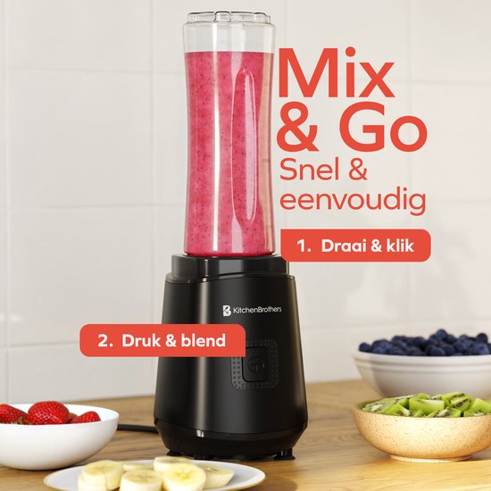 KitchenBrothers Mini Mixer - Mixer zum Mitnehmen - Smoothie Maker - 2 To-Go Becher 600 ml - Schwarz