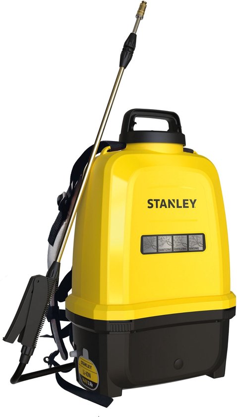 Stanley Drucksprühgerät 16 L hinten, Rückensprühgerät Garten, Drucksprühgerät, elektrisch, wiederaufladbare Lithium-Batterie, Teleskoplanze, verstellbare Düse, Autonomie 2 h, max 5 bar, 0,60 l/Minute, gelb/schwarz