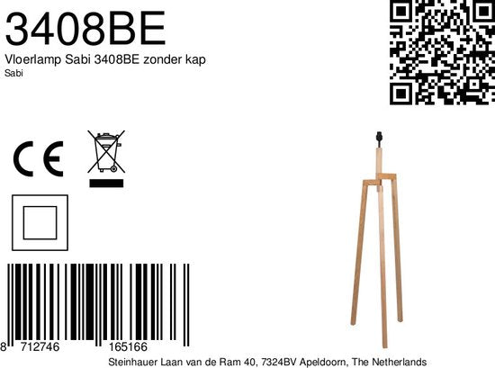 Stehlampe Sabi 3408BE – Holzlampe ohne Lampenschirm mit E27-Fassung, 144 cm hoch, höhenverstellbar – Mexlite
