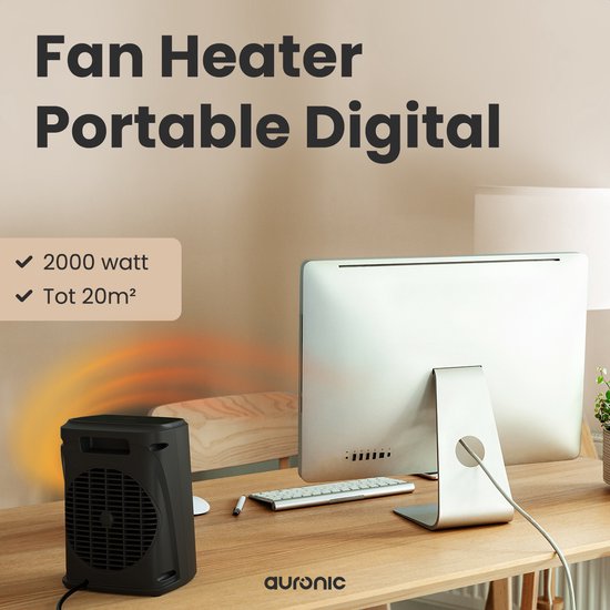 Auronic Heizlüfter Digital - Keramik-Heizgerät - Tragbar - 2000W Heizgerät - Schwarz