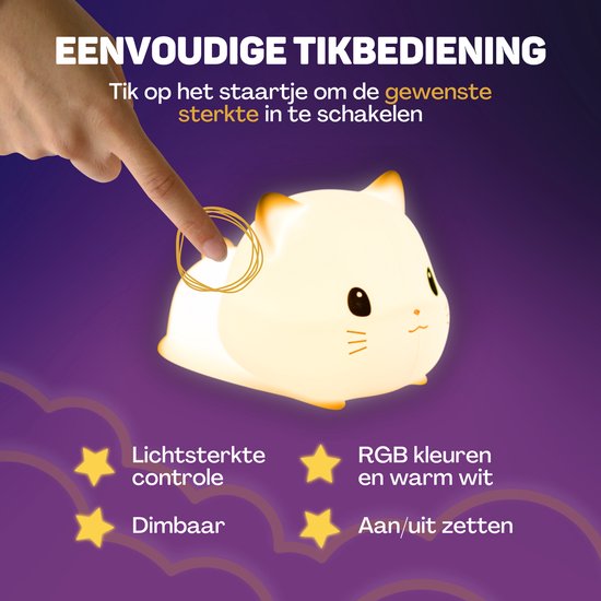 Vulpes Goods® Kinder-Nachtlicht - LED-Licht & 8 Farben - Babyzimmer-Nachtlicht - Katze - USB wiederaufladbar - Dimmer - Timer - Kabellos