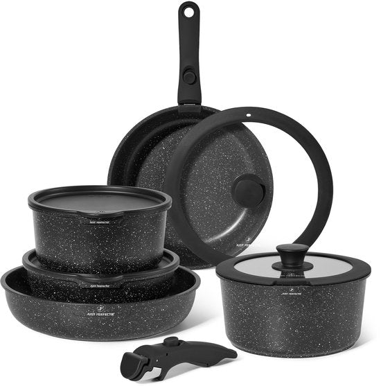 Just Perfecto 11-teiliges Induktionspfannenset - Abnehmbarer Griff - Pfannenset mit Deckel für alle Wärmequellen - Pfannen ohne PFOA - PFAS