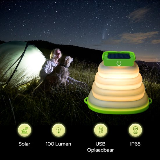 Tech Essentials Solar LED Laterne - faltbar - grün - Zeltlampe - Led Lampe wiederaufladbar - Camping - Notfall - Sturm - Hängelampe - Solarenergie