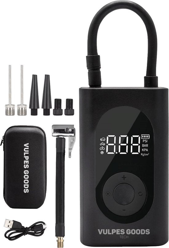 Vulpes Goods® Tech - Tragbare Kompressor-Reifenpumpe - 6400mAh - Elektrische Fahrradpumpe - Luftkompressor für Auto, Roller, Fahrrad, Ball und Luftbett - Inkl. 7 Aufsätze - Taschenlampe - Powerbank - Reiseetui - PRO