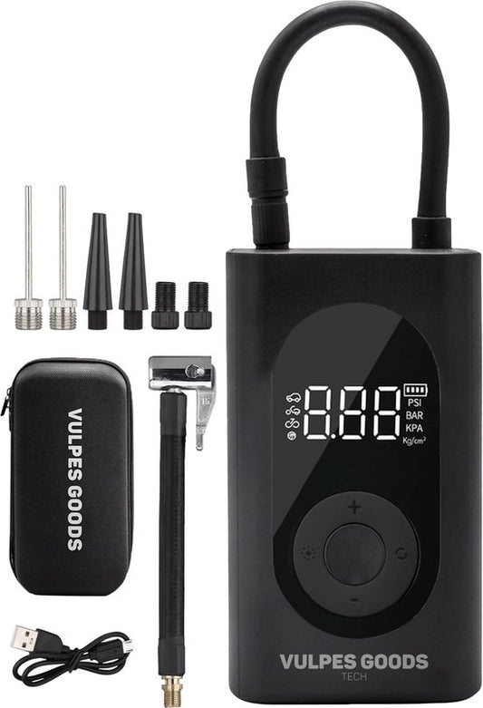 Vulpes Goods® Tech - Tragbare Kompressor-Reifenpumpe - 6400mAh - Elektrische Fahrradpumpe - Luftkompressor für Auto, Roller, Fahrrad, Ball und Luftbett - Inkl. 7 Aufsätze - Taschenlampe - Powerbank - Reiseetui - PRO