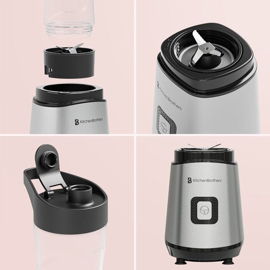 KitchenBrothers Mini Blender - Mixer zum Mitnehmen - Smoothie Maker - 2 To-Go Becher 600 ml - Edelstahl