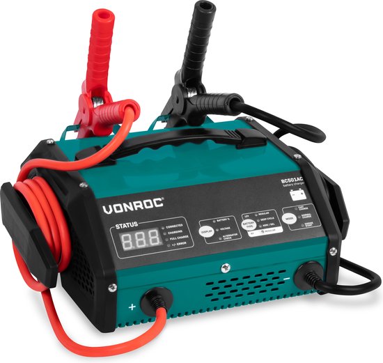 VONROC Batterieladegerät mit Starthilfe - Max. 15A - Für 6V oder 12V Blei-Säure-Batterien