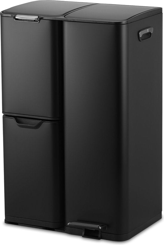Bayt Mülleimer - Mülleimer 60 Liter - Mülleimer 60 Liter - Treteimer 60 Liter - Mülleimer Mülltrennung - Mülleimer 3 Fächer - Mülleimer - Edelstahl - Schwarz