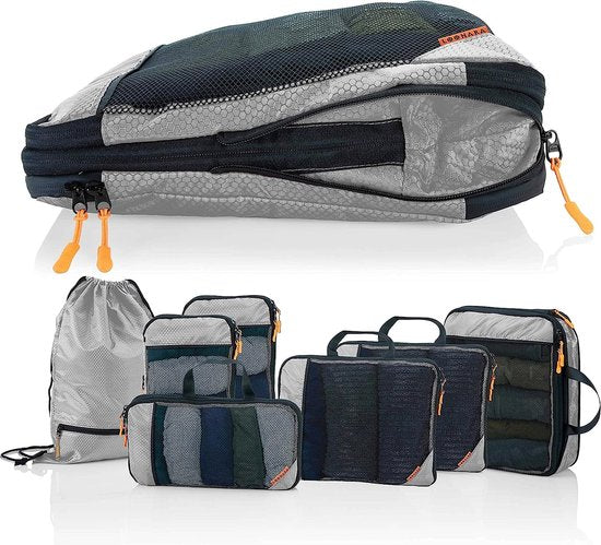LOONARA Reisepackwürfel 7er-Set - mit Kompression für Koffer und Rucksack inkl. Packsack, Alpine Slate - Grau