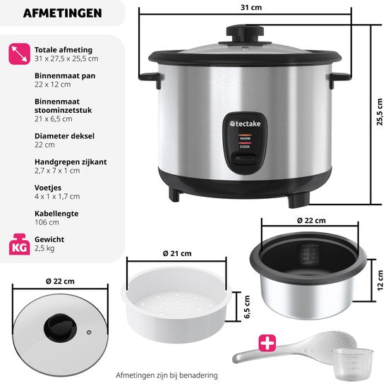tectake® Reiskocher - Dampfgarer und Reiskocher mit Dämpfeinsatz - Großvolumiger Kochtopf mit 1,8 l Fassungsvermögen - Bis zu 10 Portionen Klebreis, Vollkornreis oder Sushi-Reis