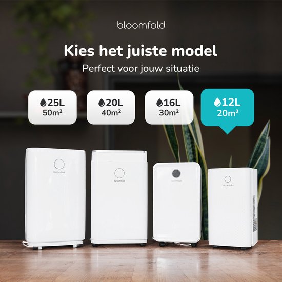 Bloomfold Luftentfeuchter - 12L pro Tag - Inkl. Wasch-Trocken-Funktion - Geeignet für Wohnzimmer, Schlafzimmer, Keller & Badezimmer - Weiß