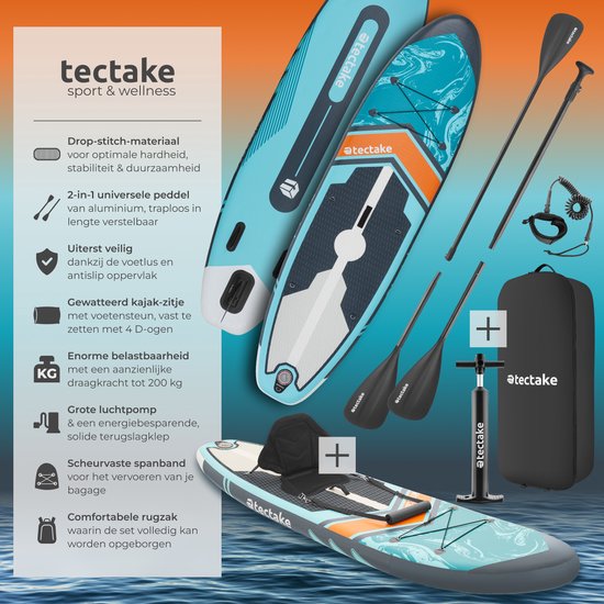 tectake Stand-Up Paddle Board - SUP Board - Aufblasbar - Stabil - 288 x 77 x 22,5 cm - Max 200kg - Orange-Türkis
