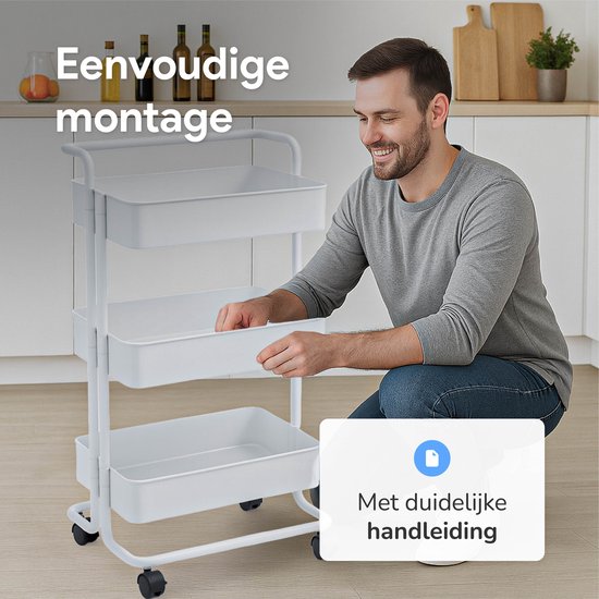 Küchenwagen auf Rollen - 3 Schichten - Küchenregal - Servierwagen - Schrank - Wagen - Aufbewahrung - Duschkabinen stehend - Regal - Weiß - Luft