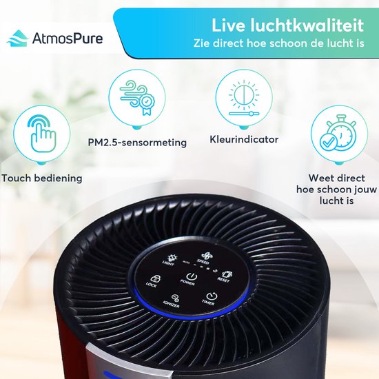 AtmosPure® CleanAir Luftreiniger - Luftreiniger mit austauschbarem HEPA 13 + Kohlefilter - CADR 250 m³/h - Schwarz - Für 98 m² - Wirkt gegen Staubmilben, Heuschnupfen, Allergien, -3 Modi + stiller Schlafmodus - Luftqualitätssensor