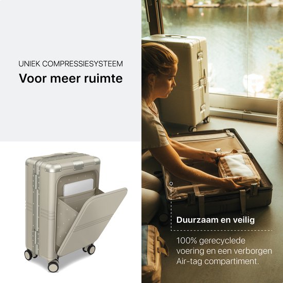 ONYX Hybrid Pro Handgepäck Koffer mit Fronttasche 38 Liter - Recyceltes Polycarbonat und reißverschlussloses Design - Reisekoffer mit TSA-Schloss und Spinner-Rädern - Leichter Trolley mit Laptop-Fach - Elfenbeinweiß