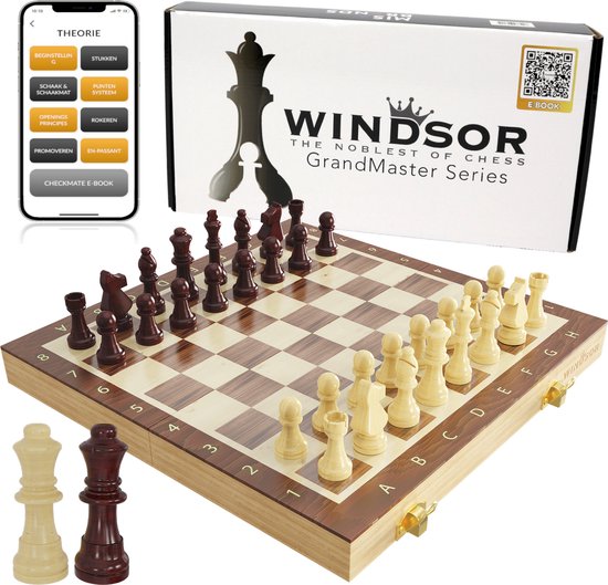 Windsor Schachbrett - mit Schachfiguren - 30 cm - Beschriftung - Schachspiel - Magnetisches Schachspiel - Schachspiel - Holz