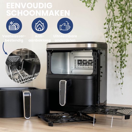 Nexxt - Double Stacked Airfryer - 11 l Fassungsvermögen - Schwarz & Edelstahl - 12 Garprogramme - Stacked Modell - Platzsparend & Doppelschublade