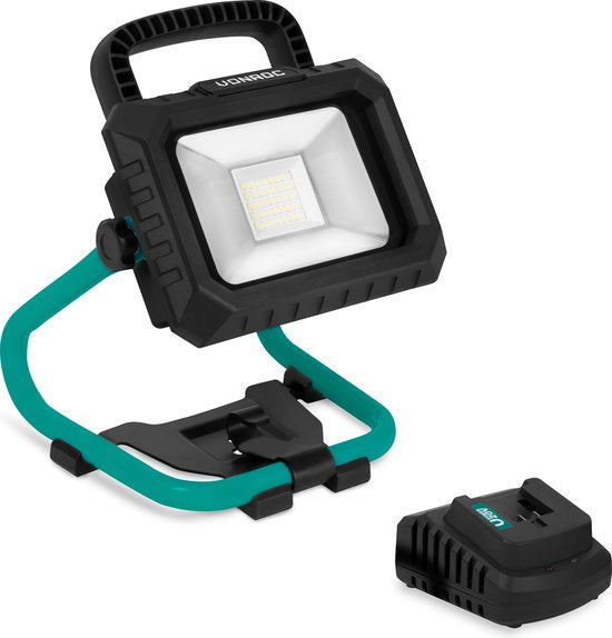 VONROC Akku-Bauleuchte 20V - LED - 20W - 2 Modi: 900/1800 Lumen - schwenkbar - breiter Abstrahlwinkel - Inkl. 2.0Ah Akku und Schnellladegerät