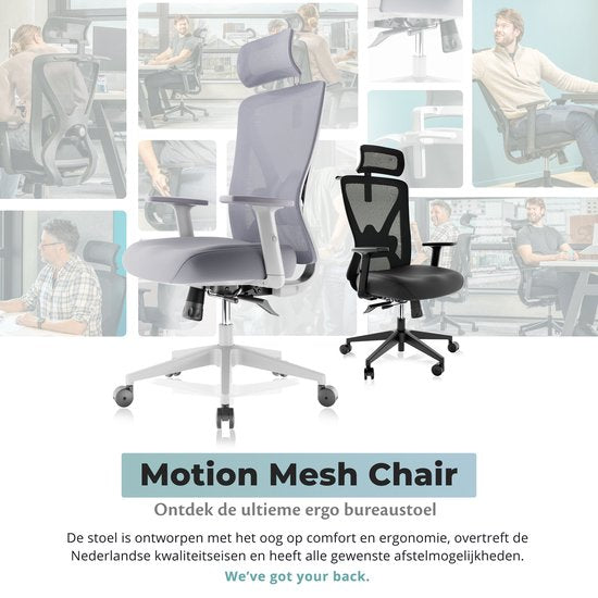 Backerz Ergonomischer Bürostuhl - Verstellbar - 3D Armlehnen - Kopfstütze - Weiß/Grau