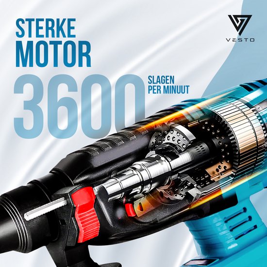 Vesto® Elektrohammerbohrer - Akku-Schlagbohrer - Hammerbohrer mit Meißelfunktion - Akku-Kombihammer - Betonbohrer - Inklusive Bohrer-Set, 2x Akku & Ladegerät