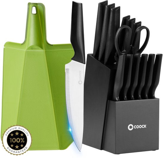 COOCK - Messerset mit Block und klappbarem Schneidebrett - Küchenmesser - Scheren - Wetzstahl (Messerschärfer) - 15-teiliges Küchenutensilien-Set im Messerblock - mit kratzfester Beschichtung - Edelstahl/Schwarz