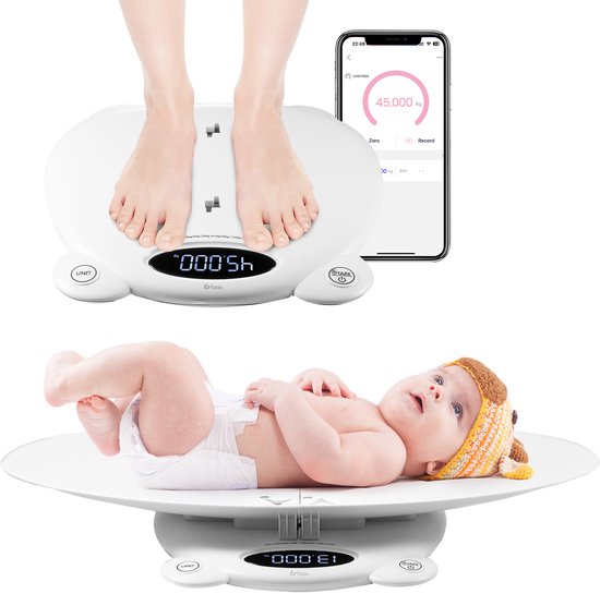 Babywaage - mit Wiegeplattform - Digitalwaage - mit Tara-Funktion und App - 50g bis 200KG - Weiß - von Faas