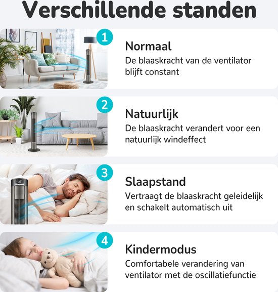 Bloomfold Turmventilator – 3 Geschwindigkeiten – 90° Oszillation – Mit Fernbedienung & Timer – 96 cm – Schwarz