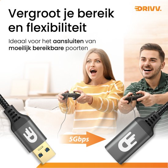 Drivv. Premium USB-Verlängerungskabel 3.0 - Stecker zu Buchse - USB-Datenkabel - schnelle Übertragung - 5Gbps - Nylon - 1 Meter - Schwarz