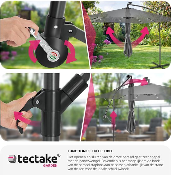 tectake Rechteckiger Sonnenschirm - Mit Solar-LED-Beleuchtung - Inkl. Schutzhülle - Schwebender Sonnenschirm - Sonnenschutz Terrasse, Garten - Balkon Sonnenschirm - Großer Sonnenschirm - 250x300cm - Grau