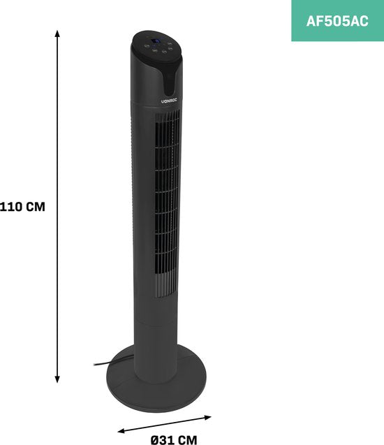 VONROC Luxury Fan - Turmventilator - Höhe 110 cm - Inkl. Fernbedienung - 3 Geschwindigkeiten - Swing-Funktion - 15-Stunden-Timer - Schwarz