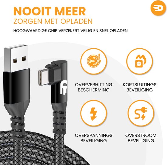 Drivv. USB-auf-USB-C-Kabel - Haken - USB-C-Daten- und Ladekabel - Schnellladung / Schnellladegerät - 3 Meter - Geeignet für Samsung, iPhone 15 und mehr - Schwarz