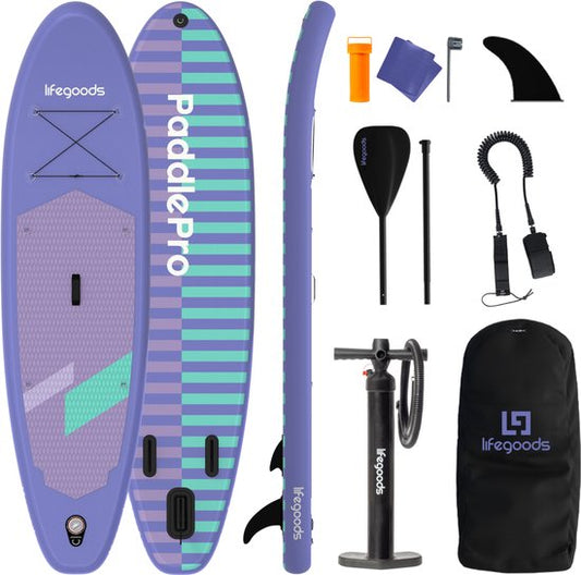 LifeGoods SUP Board All-round Compact - 100 KG Belastbarkeit - 300 x 76 cm - Aufblasbar - Komplettes SUP Paket - Lila