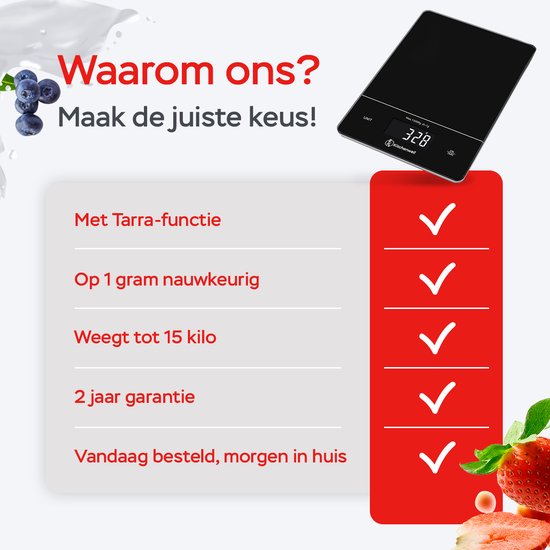 Kitchenwell Digitale Präzisions-Küchenwaage - Waage Küche - 1gr - 15kg - Tara-Funktion - USB wiederaufladbar - Schwarz