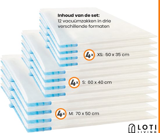 Loti Living Vakuumsäcke für die Reise - 12 Stück/3 Größen - Kleidung - Vakuum Handrollsäcke - Roll Up - Vakuum Roll Up Säcke