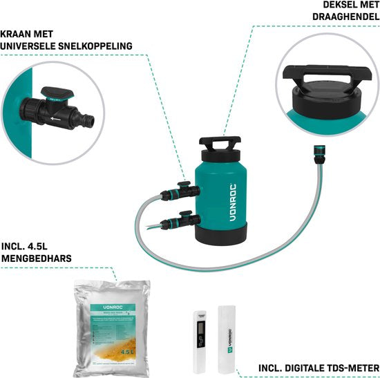 VONROC DI Reinwasserfilter - Deionisationsfilter - alternatives Osmosewasser - Inkl. 4,5L Mischbettharz, TDS-Meter, Schlauch und Fittings
